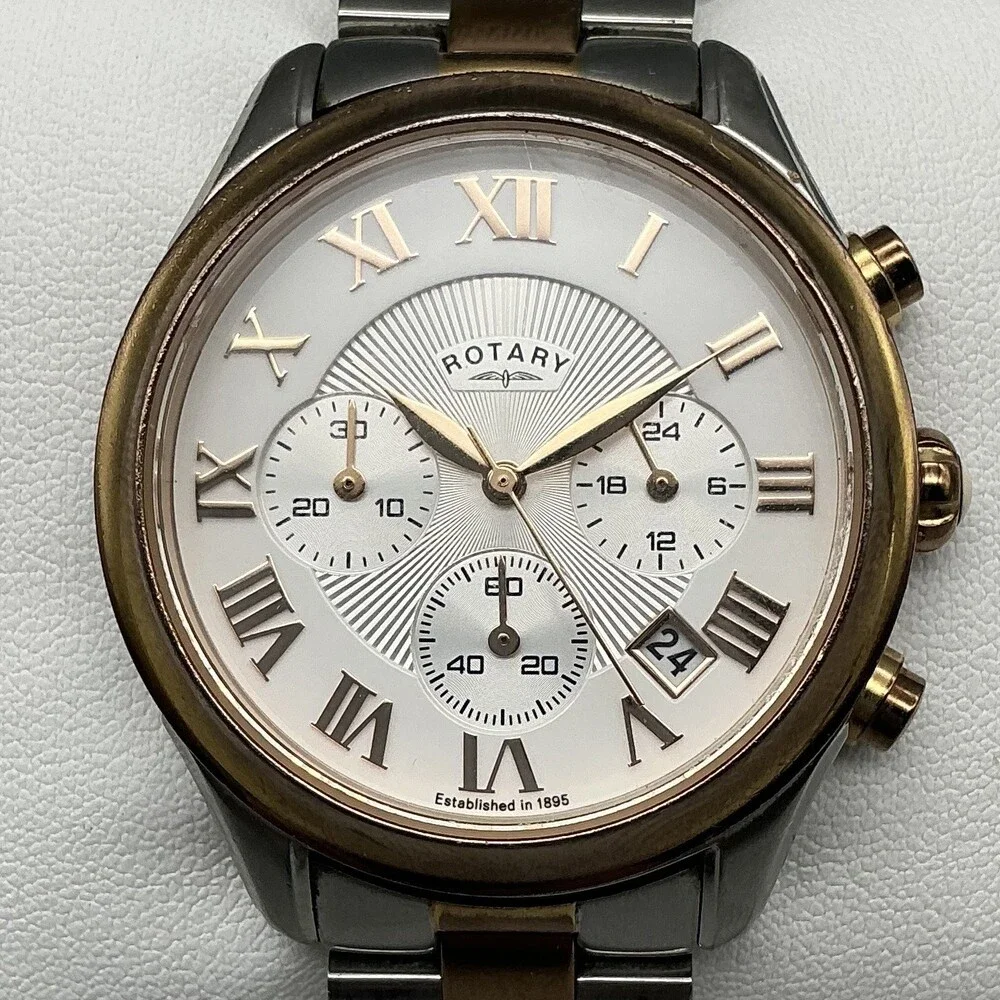 Rotary Mens Watch 38mm Silver Dial Two Tone Chronograph Date New Battery 6.25